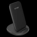 Vertical wireless charger desktop dock in white or black with fast charge and simple upright stand design