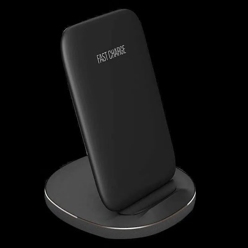 Vertical wireless charger desktop dock in white or black with fast charge and simple upright stand design