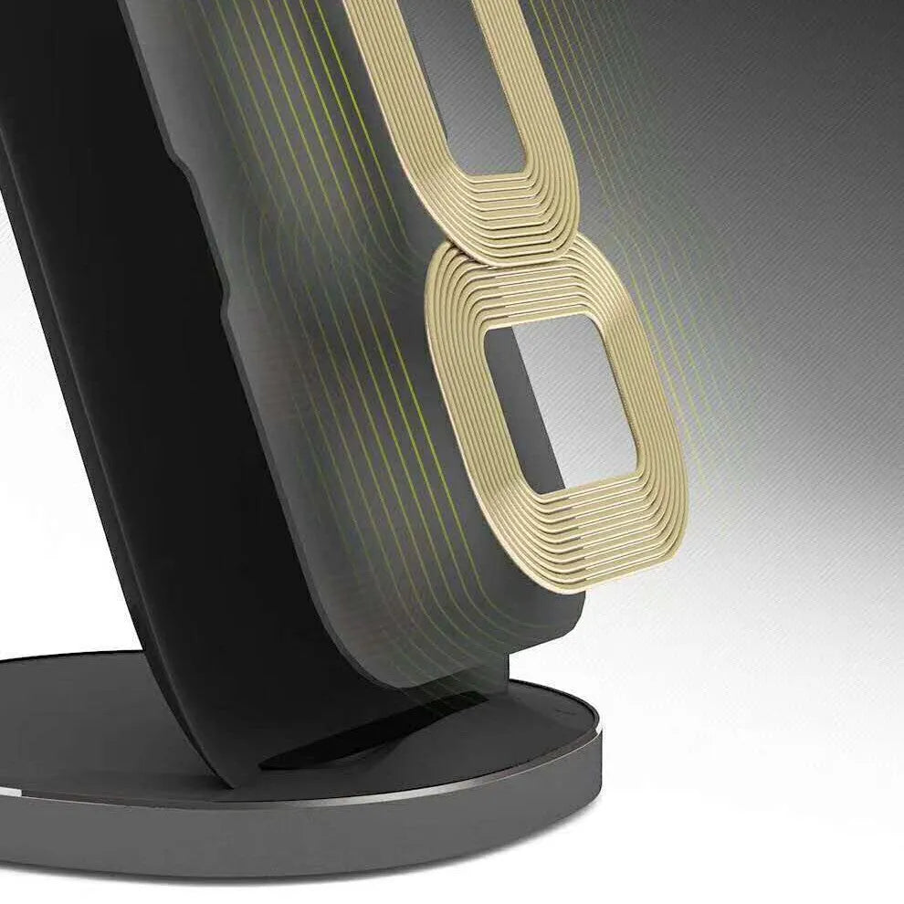 Vertical wireless charger desktop dock in white or black with fast charge and simple upright stand design