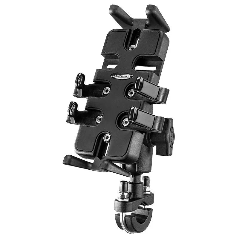 Black nylon universal phone mounting bracket with U-shaped handlebar clamp.