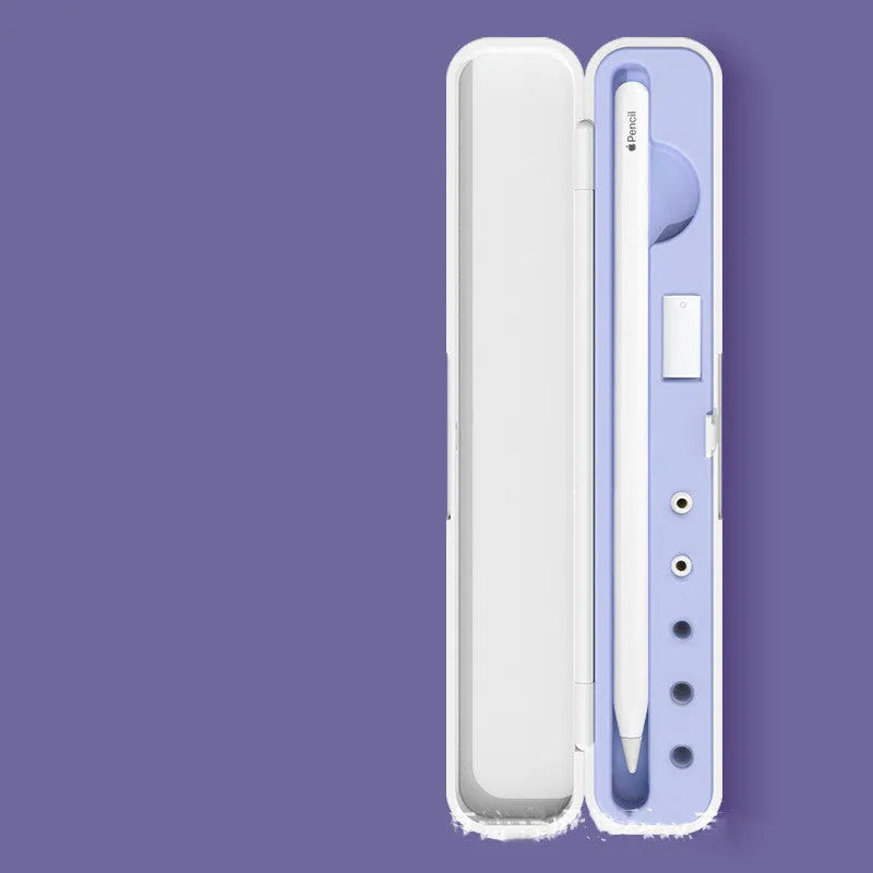 Hard protective travel storage case for Apple Pencil, shown in purple colour with compartments for stylus and accessories.