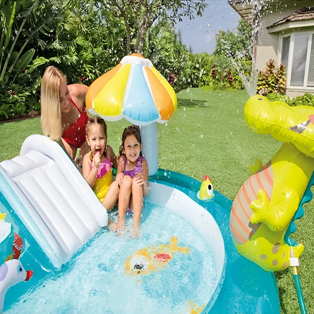 Inflatable slide water jet park pool for kids, 203cm by 173cm by 89cm, available in multiple colours