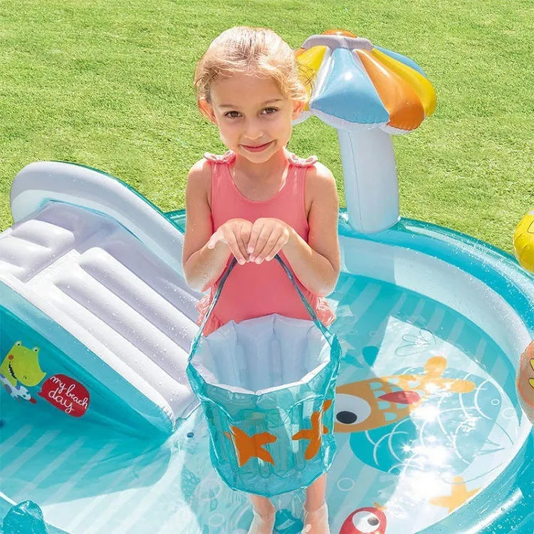 Inflatable slide water jet park pool for kids, 203cm by 173cm by 89cm, available in multiple colours