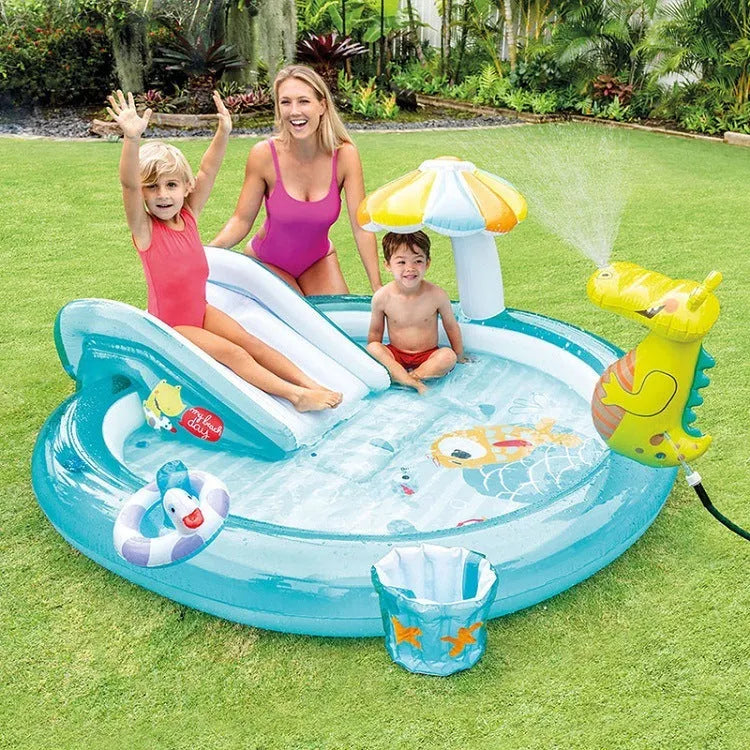Inflatable slide water jet park pool for kids, 203cm by 173cm by 89cm, available in multiple colours