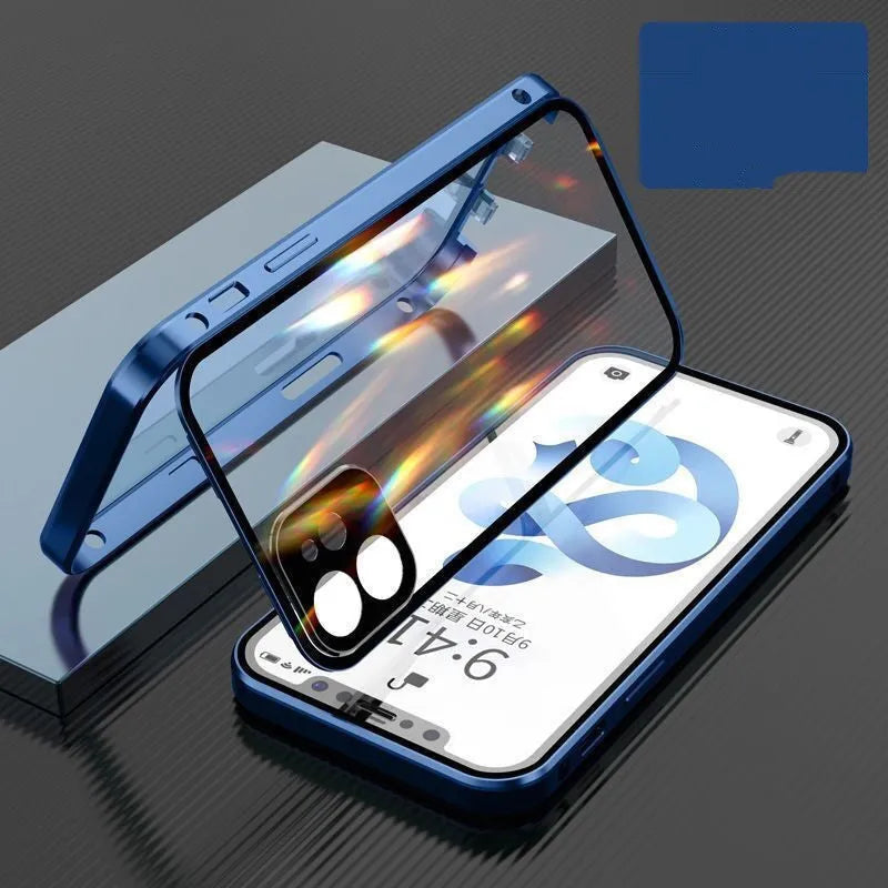Black aluminium and tempered glass bumper case for iPhone showing front and back protection.
