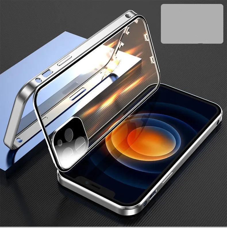 Black aluminium and tempered glass bumper case for iPhone showing front and back protection.