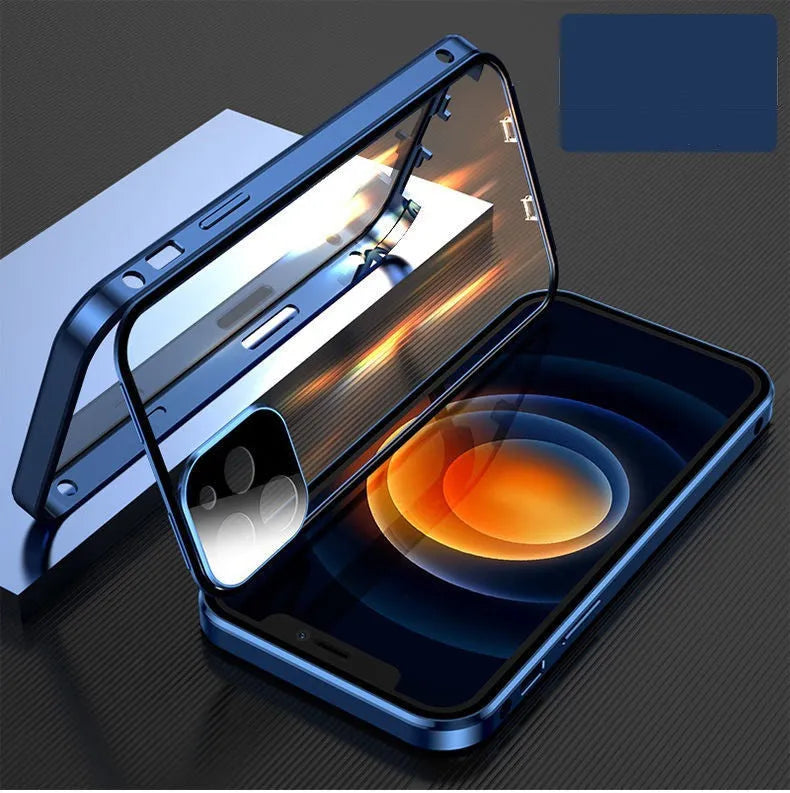 Black aluminium and tempered glass bumper case for iPhone showing front and back protection.