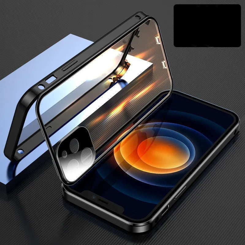 Black aluminium and tempered glass bumper case for iPhone showing front and back protection.