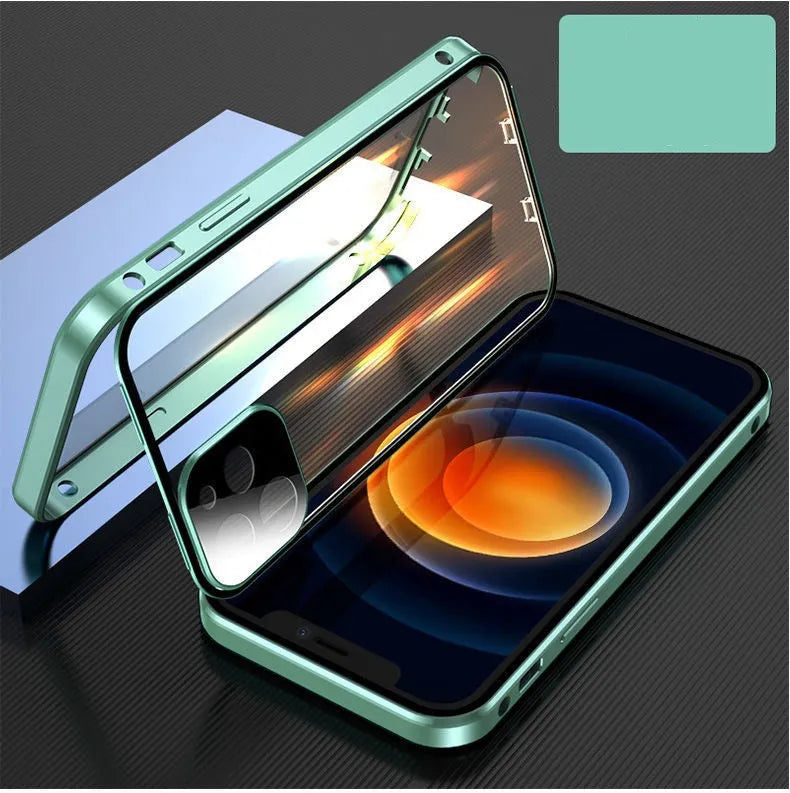 Black aluminium and tempered glass bumper case for iPhone showing front and back protection.