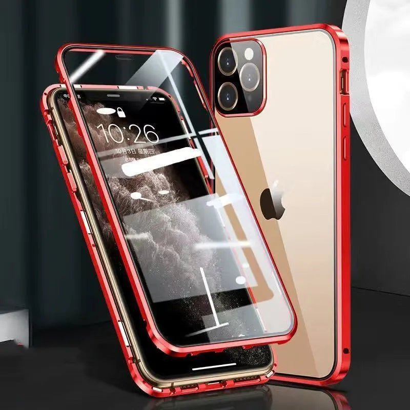 Black aluminium and tempered glass bumper case for iPhone showing front and back protection.