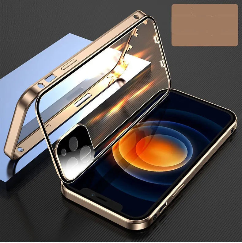Black aluminium and tempered glass bumper case for iPhone showing front and back protection.