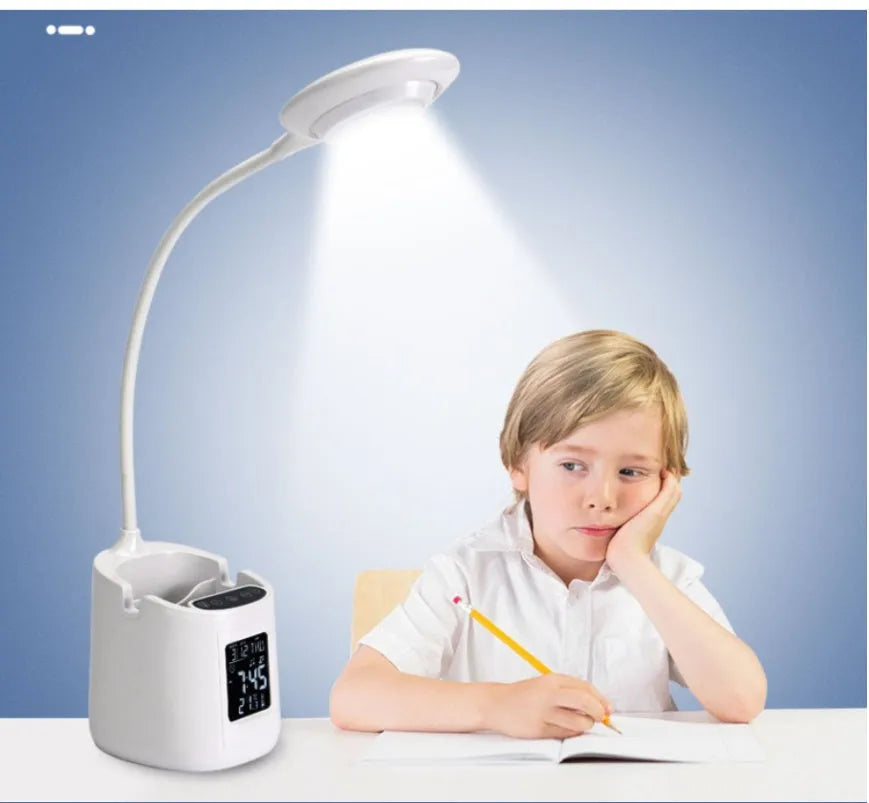 White USB desk lamp with touch controls and eye protection features for study environments