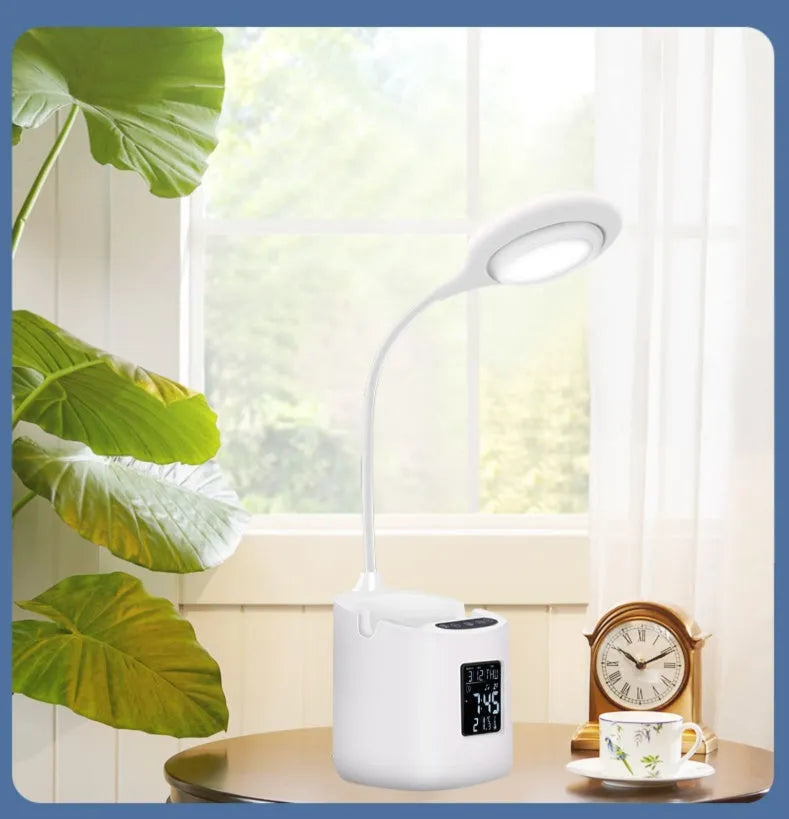 White USB desk lamp with touch controls and eye protection features for study environments