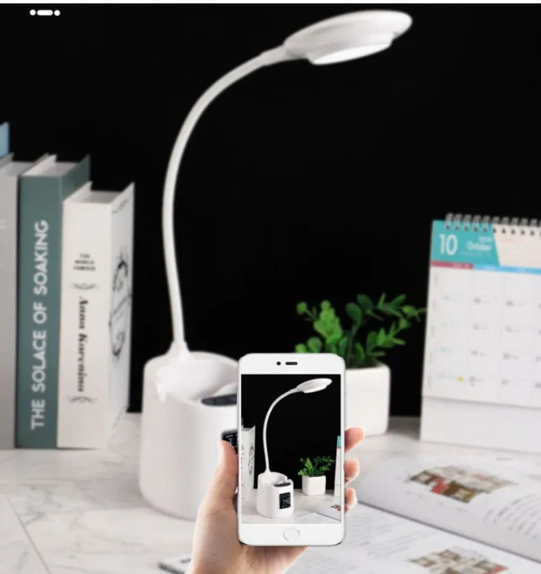 White USB desk lamp with touch controls and eye protection features for study environments