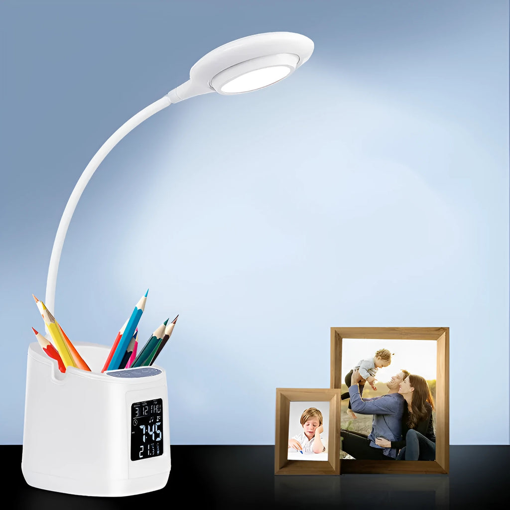 White USB desk lamp with touch controls and eye protection features for study environments