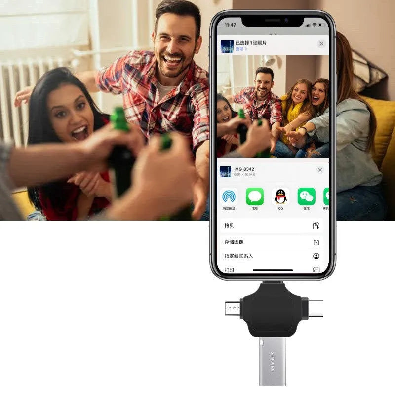 Three-in-one OTG adapter for Apple Type-C Android with metal shell in black colour