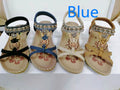 Large size flat sandals with flower and rhinestone detail, PU upper, round toe, and raw rubber sole in black, royal blue, apricot, or brown.