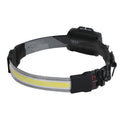 Cob LED headlamp with 1800mAh rechargeable battery, 5W COB bulb, and adjustable headband in black