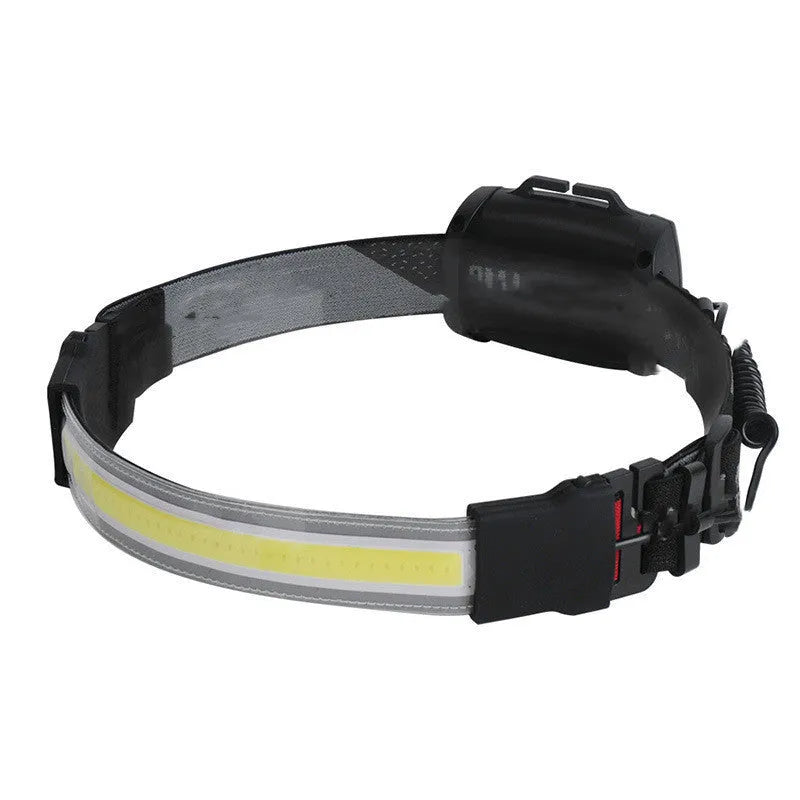Cob LED headlamp with 1800mAh rechargeable battery, 5W COB bulb, and adjustable headband in black