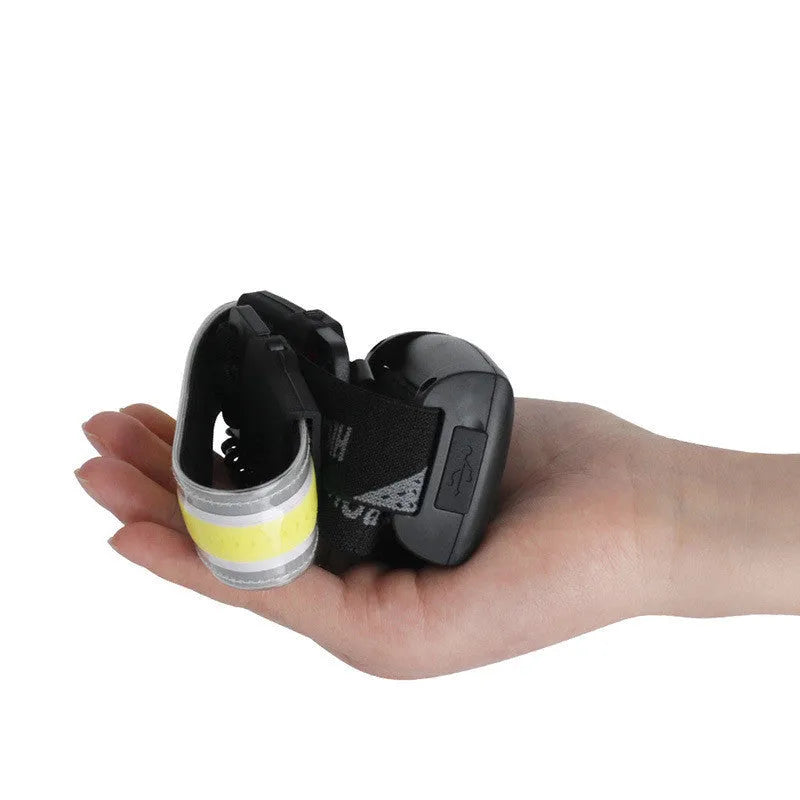 Cob LED headlamp with 1800mAh rechargeable battery, 5W COB bulb, and adjustable headband in black