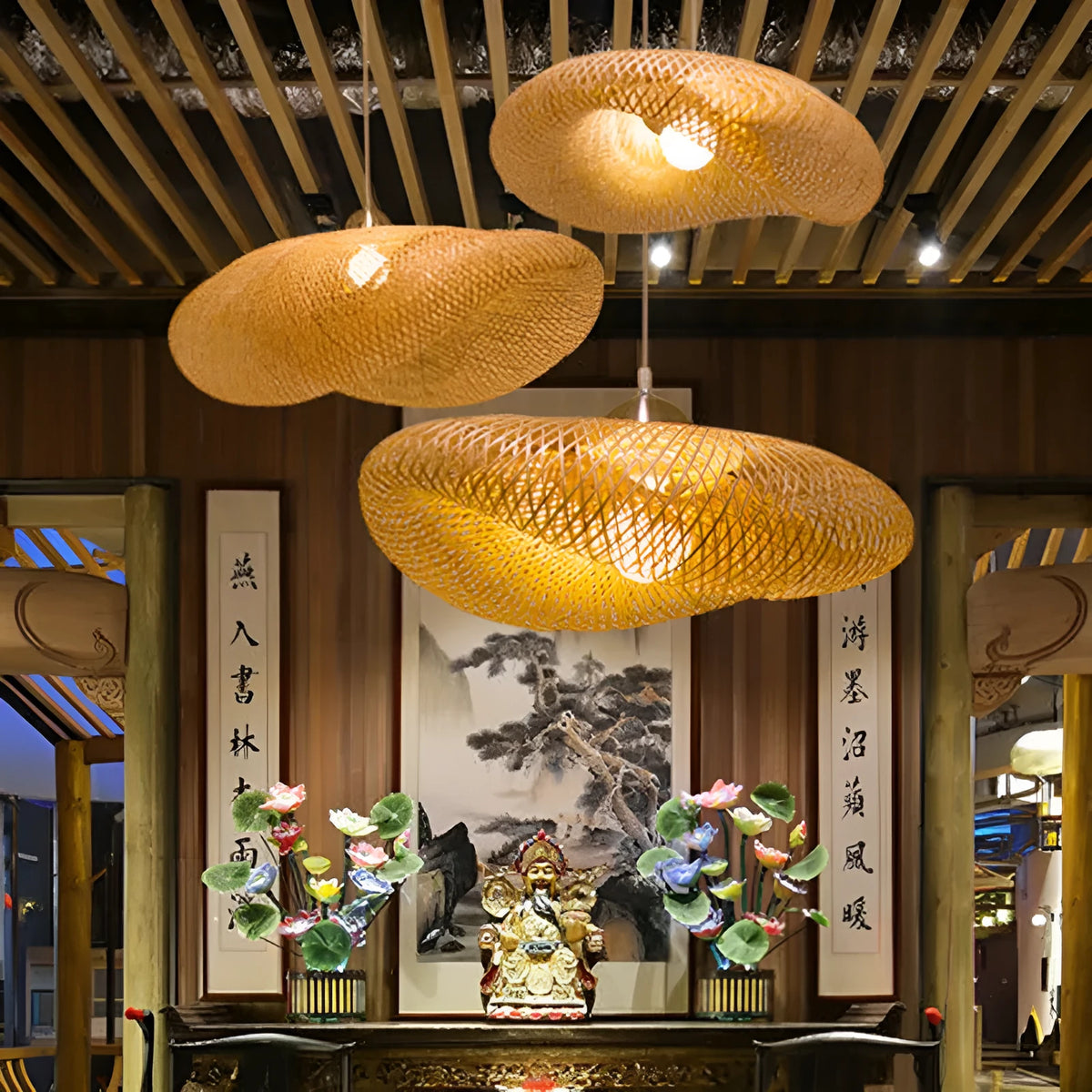 Bamboo Chinese-style ceiling chandelier with a 40cm diameter shell.