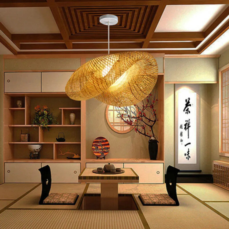 Bamboo Chinese-style ceiling chandelier with a 40cm diameter shell.