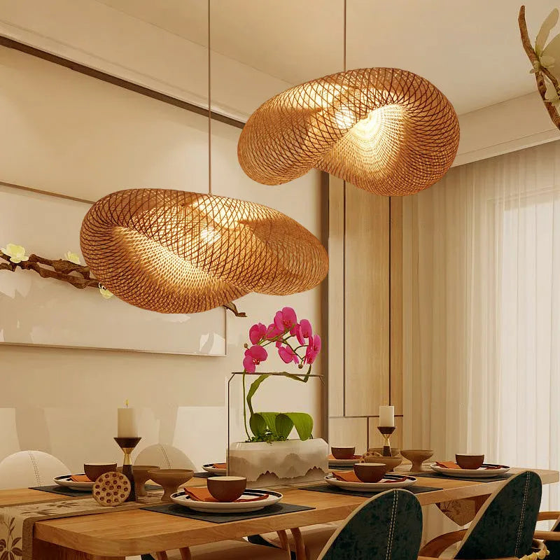 Bamboo Chinese-style ceiling chandelier with a 40cm diameter shell.