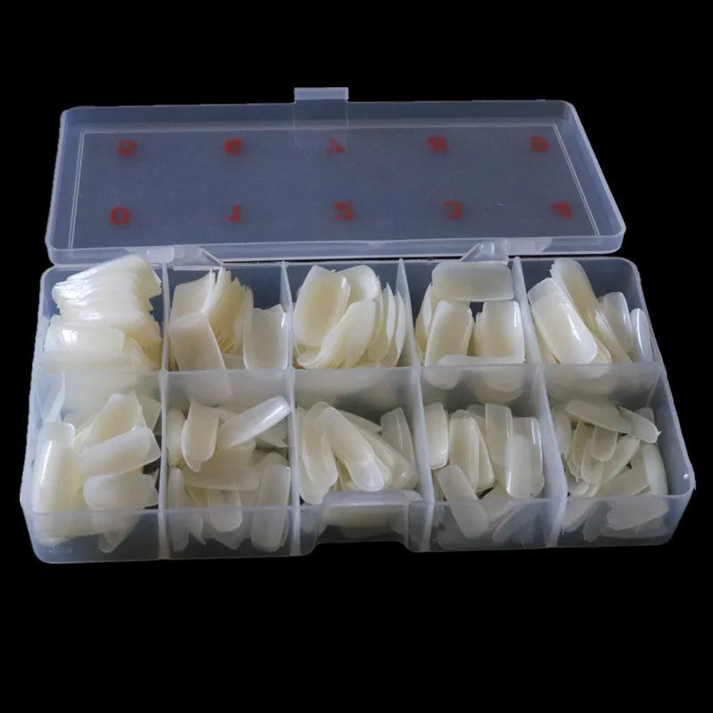 Box of 500 nail armour pieces in transparent, natural colour, and white finishes for home or salon use.