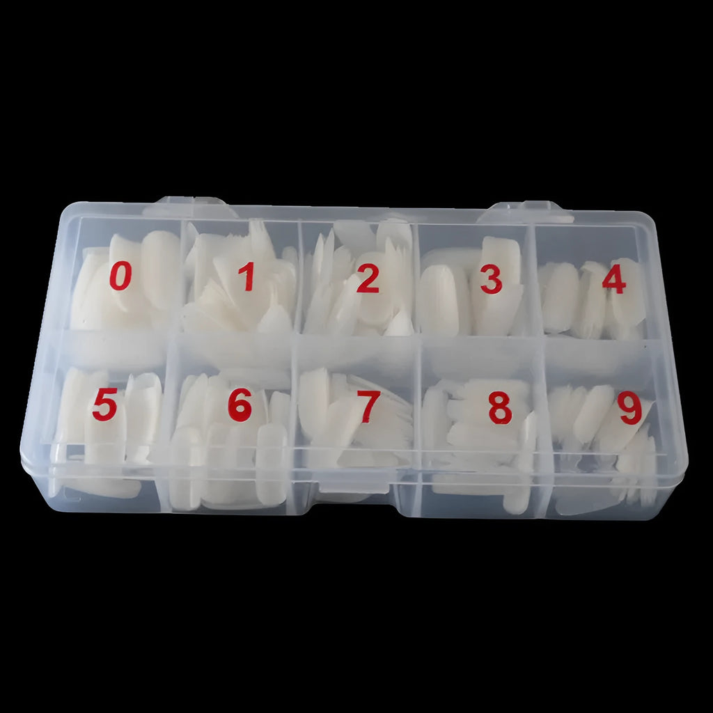 Box of 500 nail armour pieces in transparent, natural colour, and white finishes for home or salon use.