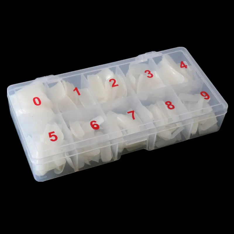 Box of 500 nail armour pieces in transparent, natural colour, and white finishes for home or salon use.