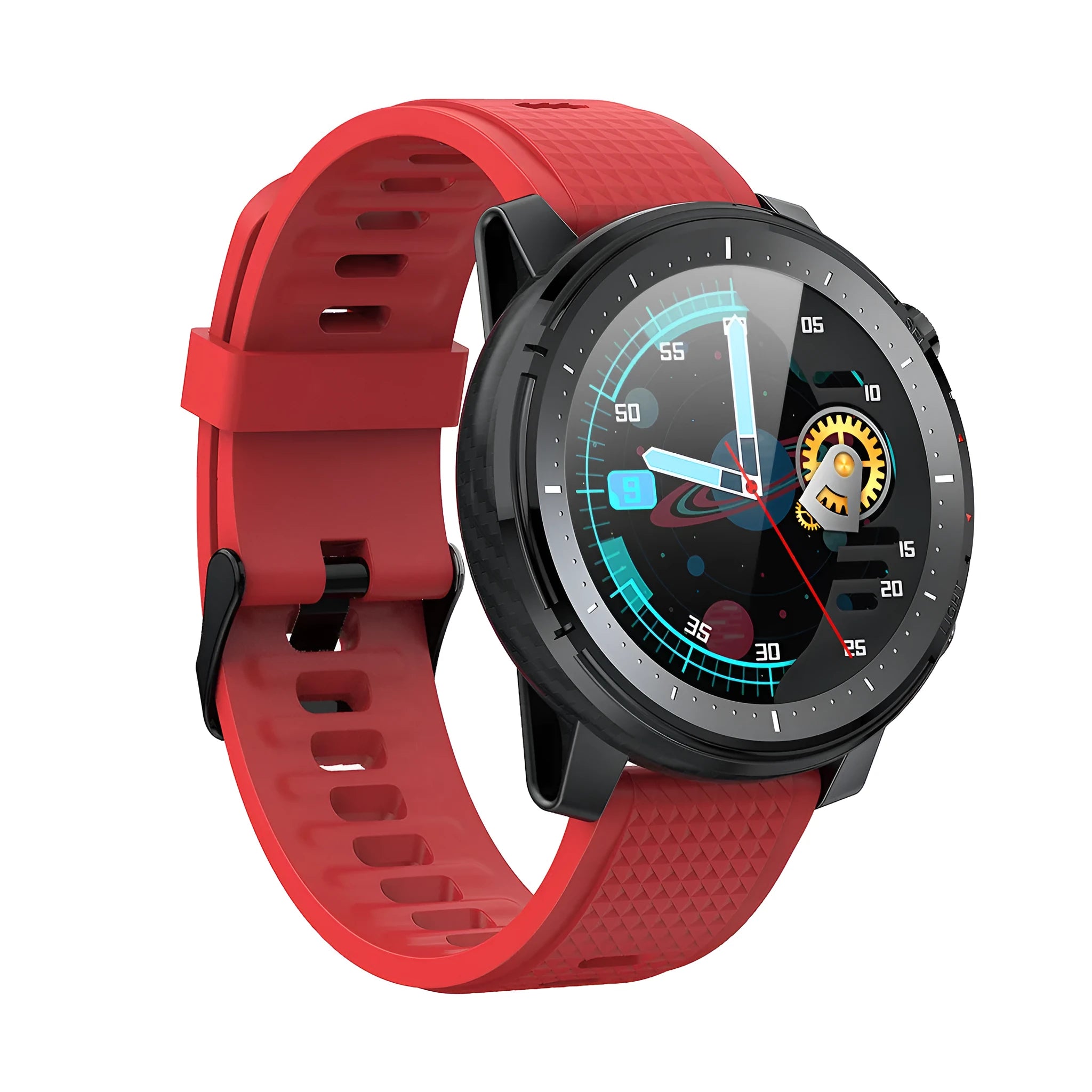 Black Android smart watch with round touch screen and silicone strap showing IP68 waterproof rating