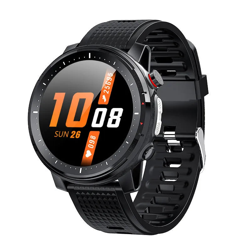 Black Android smart watch with round touch screen and silicone strap showing IP68 waterproof rating