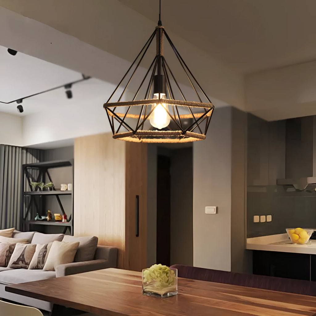 Rustic twine chandelier with iron lampshade, 25cm or 38cm diameter, adjustable 1m height, industrial retro style