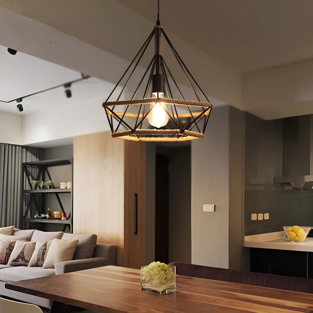Rustic twine chandelier with iron lampshade, 25cm or 38cm diameter, adjustable 1m height, industrial retro style