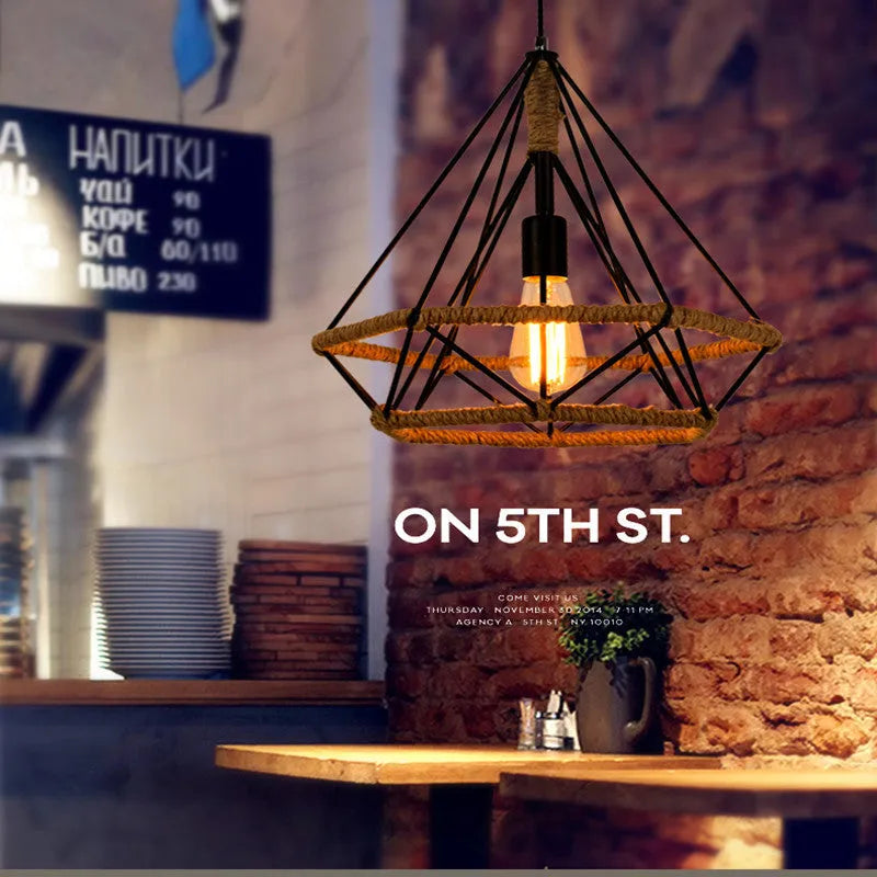 Rustic twine chandelier with iron lampshade, 25cm or 38cm diameter, adjustable 1m height, industrial retro style