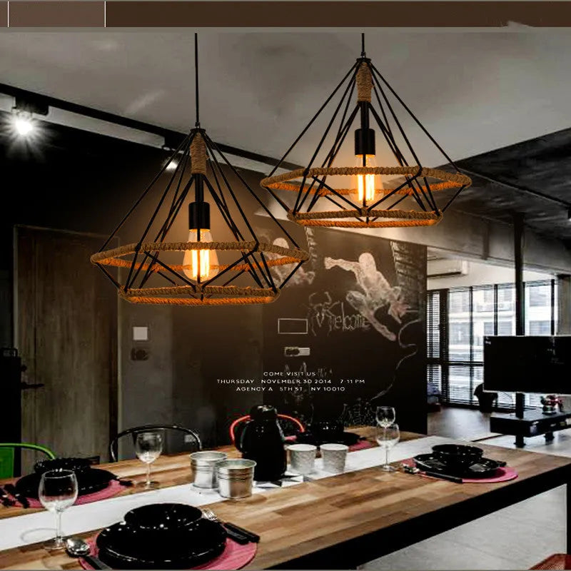 Rustic twine chandelier with iron lampshade, 25cm or 38cm diameter, adjustable 1m height, industrial retro style
