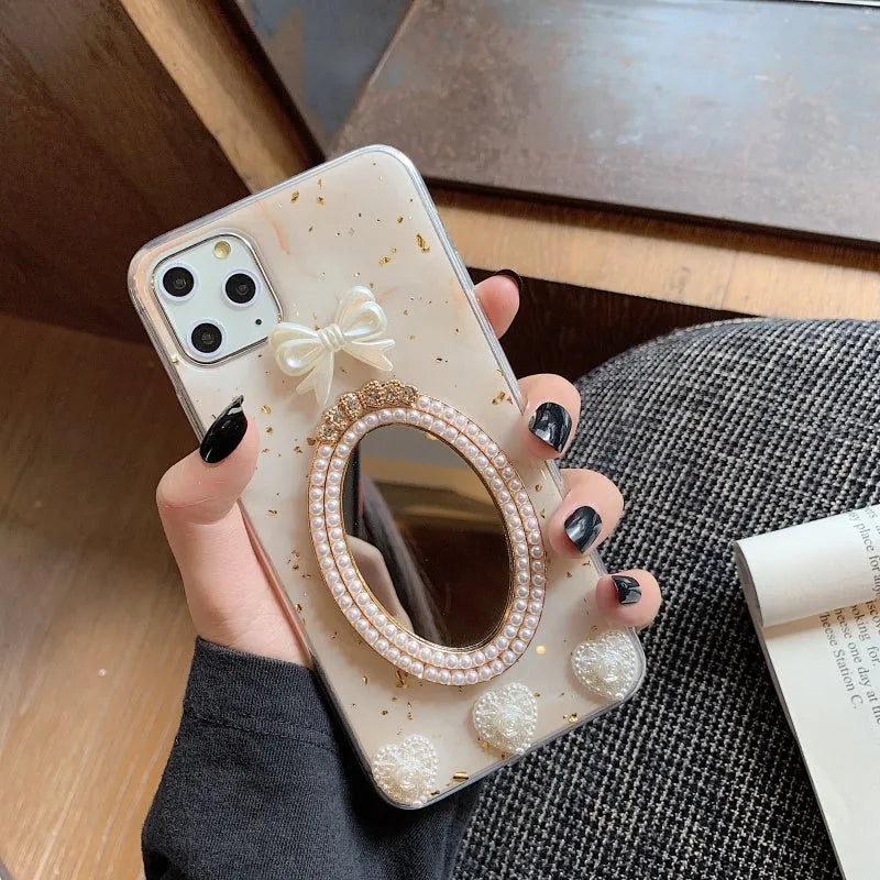 Brown marble bowknot rhinestone mirror silicone case for Apple iPhone