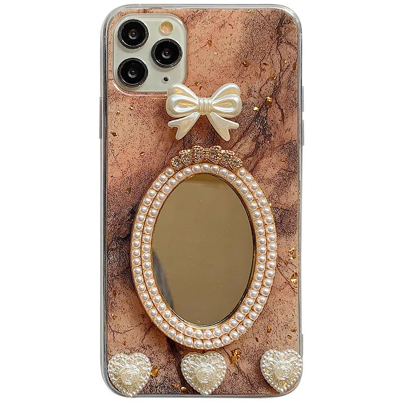 Brown marble bowknot rhinestone mirror silicone case for Apple iPhone
