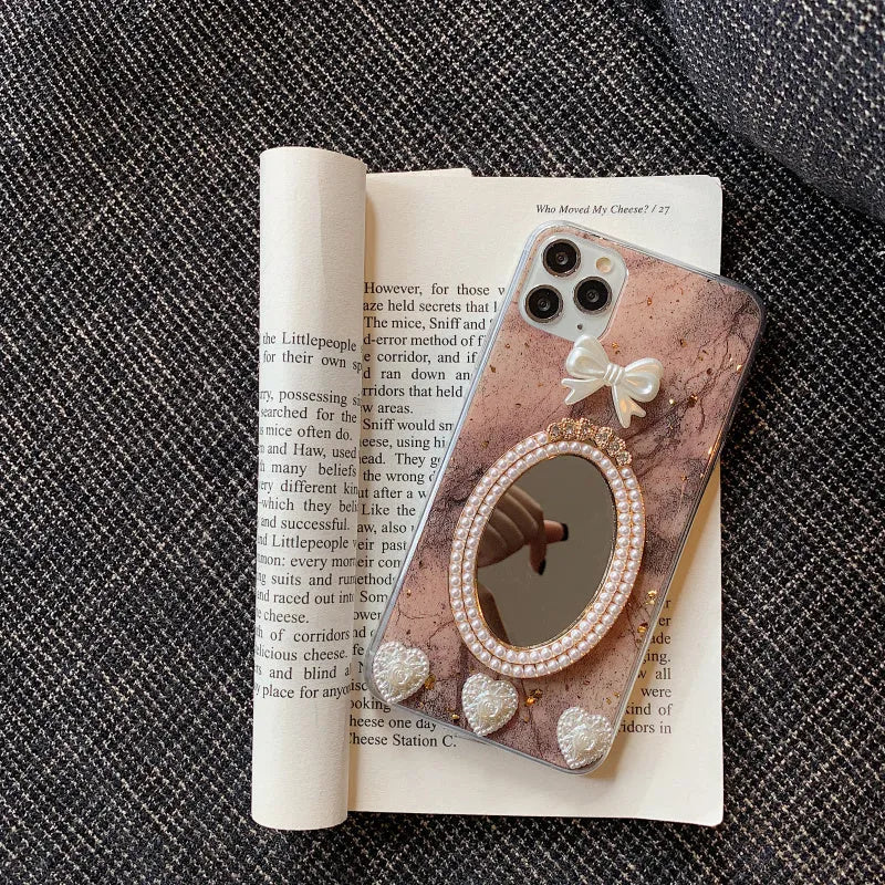 Brown marble bowknot rhinestone mirror silicone case for Apple iPhone