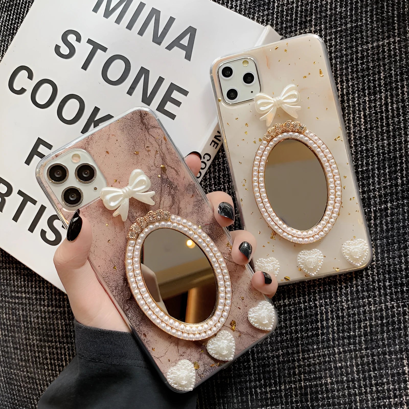 Brown marble bowknot rhinestone mirror silicone case for Apple iPhone