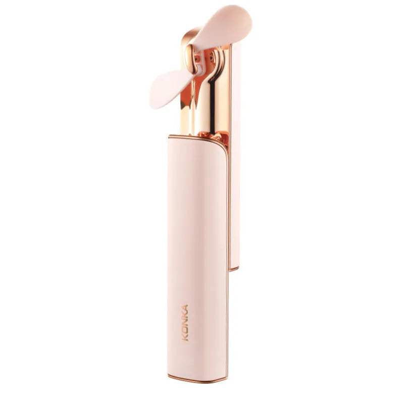 Pink folding handheld portable fan with two-speed control and USB charging port