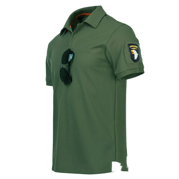 Men's army fan short sleeve tactical lapel polo shirt in plain chemical fibre blend, available in khaki, green, black and blue.