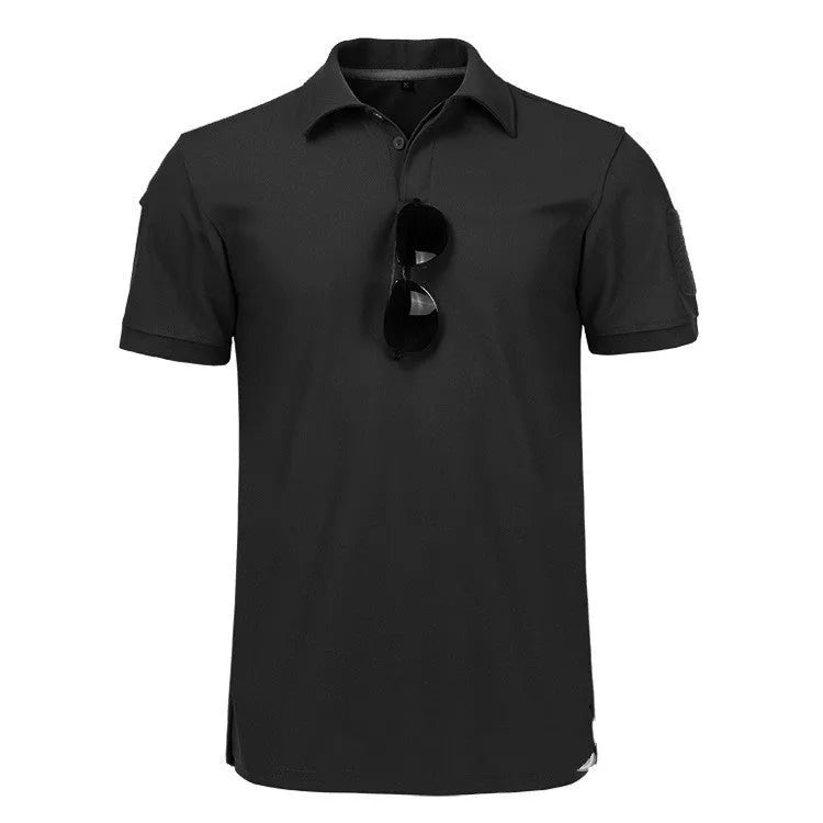 Men's army fan short sleeve tactical lapel polo shirt in plain chemical fibre blend, available in khaki, green, black and blue.