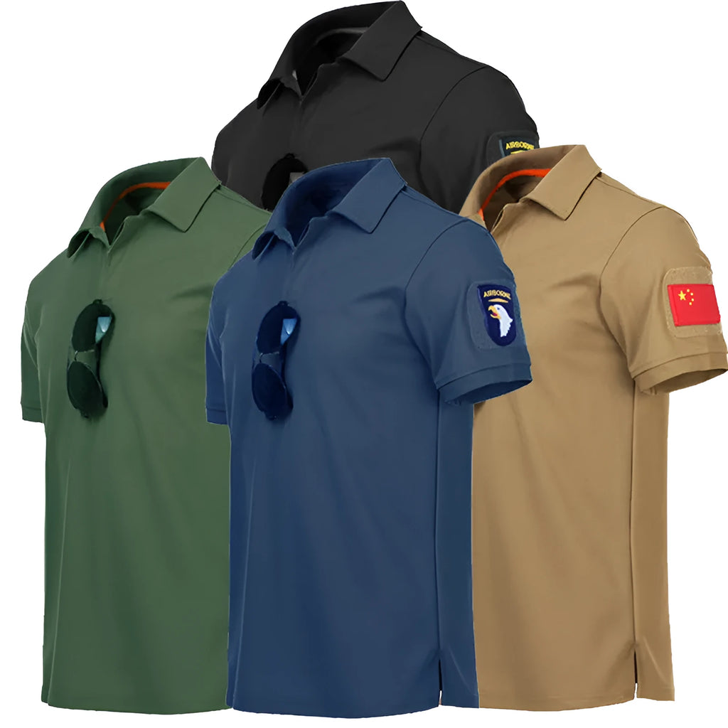 Men's army fan short sleeve tactical lapel polo shirt in plain chemical fibre blend, available in khaki, green, black and blue.