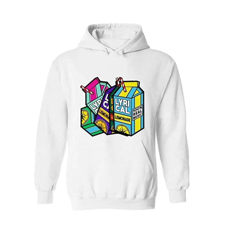 Lyrical Lemonade lemon print hoodie with plus velvet, loose fit, patch pocket, in black.