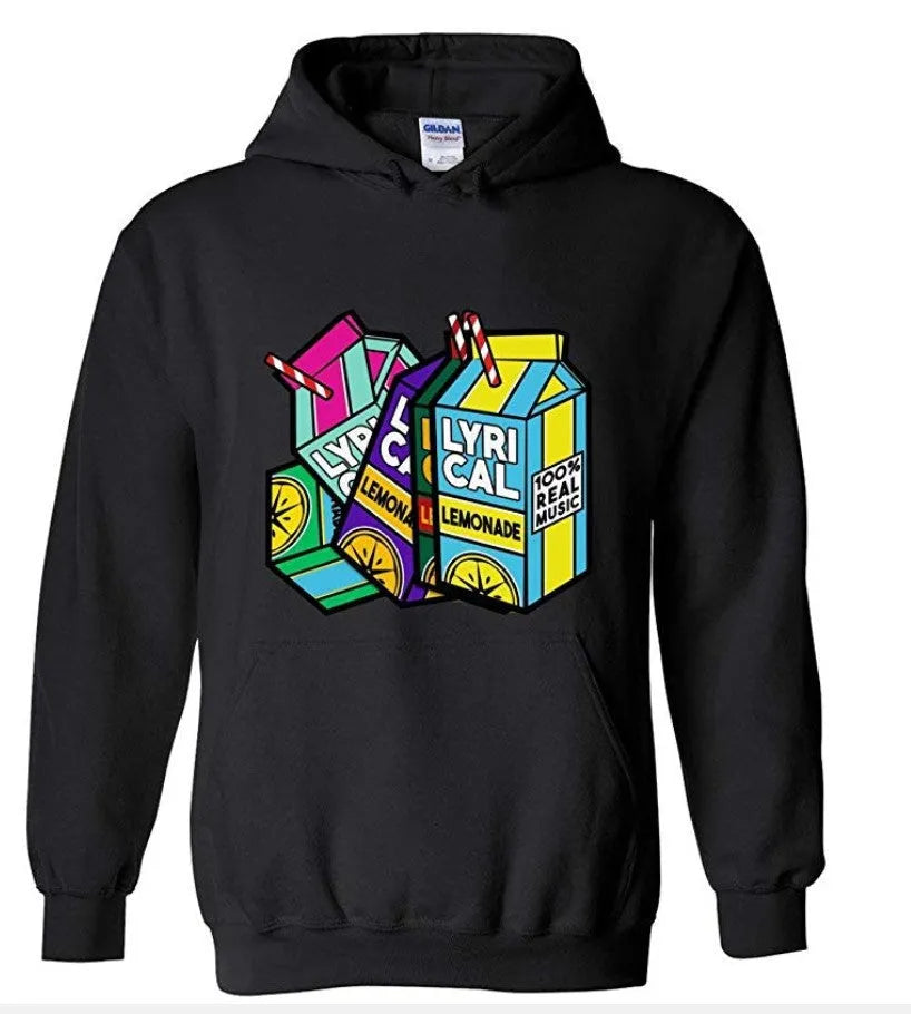 Lyrical Lemonade lemon print hoodie with plus velvet, loose fit, patch pocket, in black.