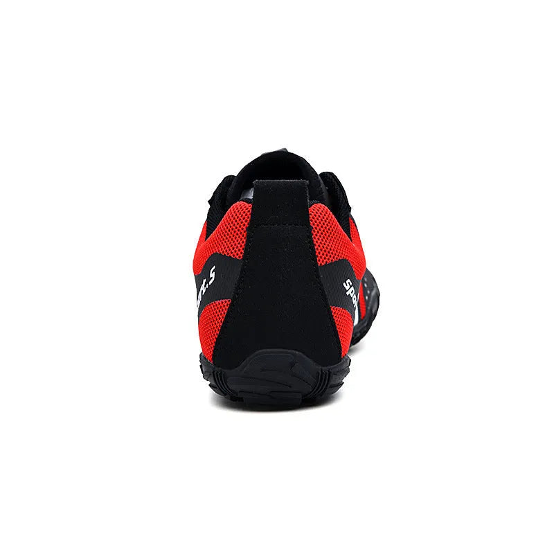 Outdoor quick-dry wading shoes in mesh with rubber sole, shown in red, black and orange colour options