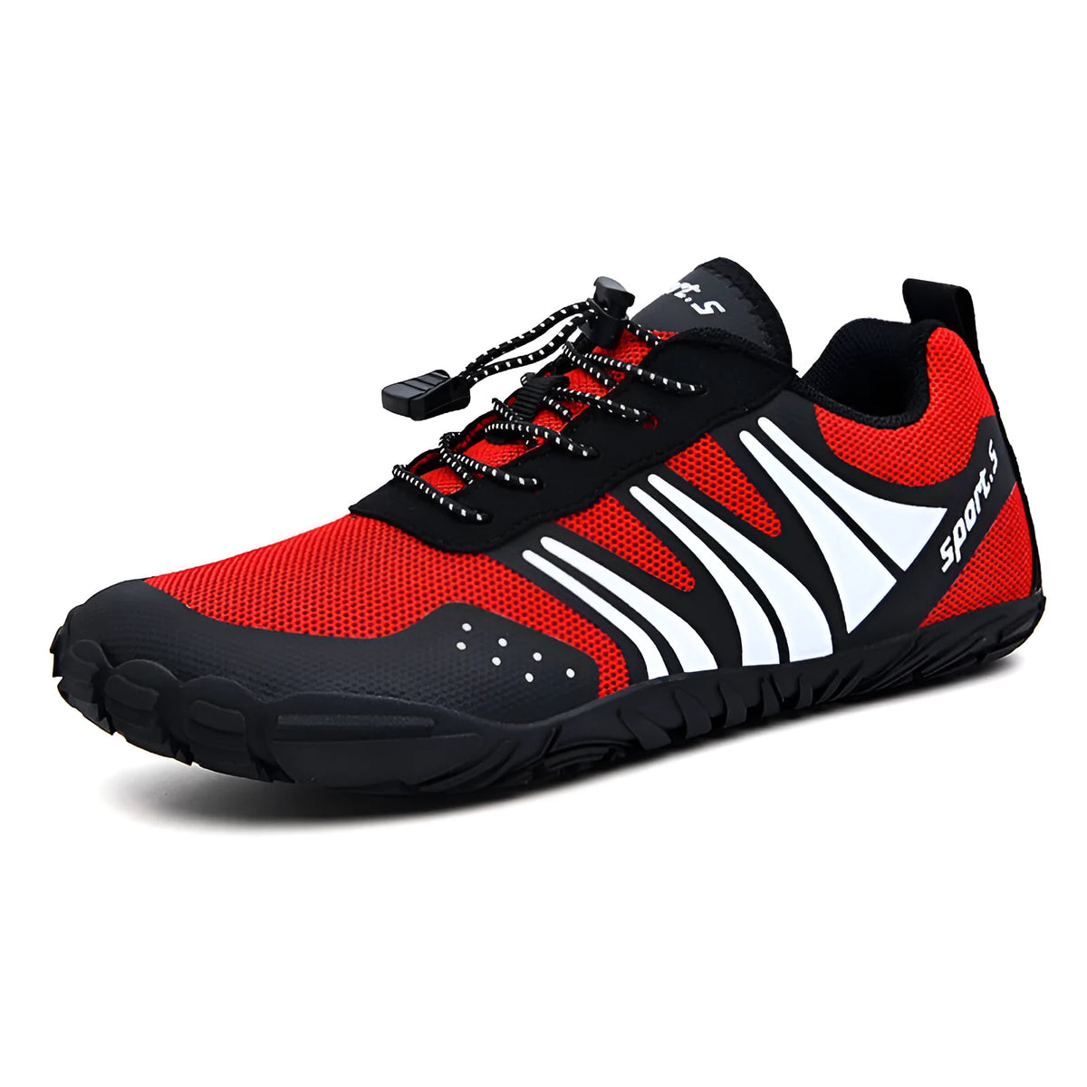 Outdoor quick-dry wading shoes in mesh with rubber sole, shown in red, black and orange colour options