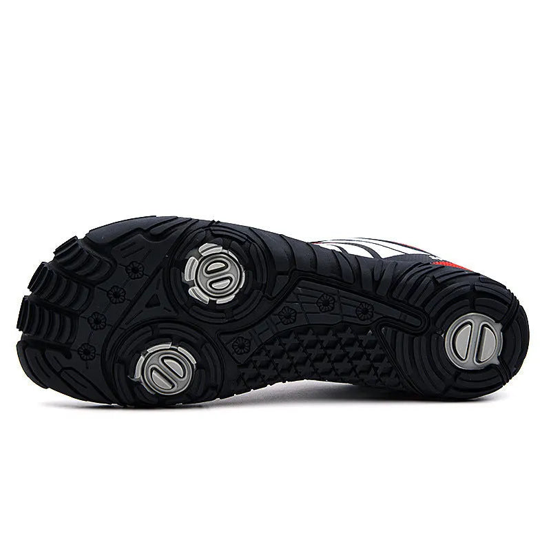 Outdoor quick-dry wading shoes in mesh with rubber sole, shown in red, black and orange colour options