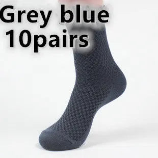 Men's bamboo fibre socks in a small square pattern, shown in neutral colours including grey and navy.